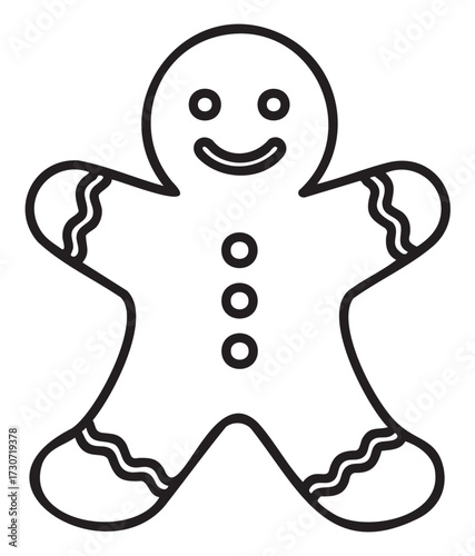 Smiling gingerbread man cookie outline with decorative icing details - stock vector