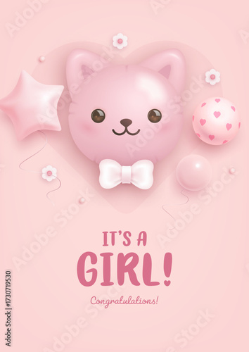 Baby shower invitation with cartoon kitten, helium balloons and flowers on pink background. It's a girl. Baby girl greeting card. Baby birth. Vector illustration