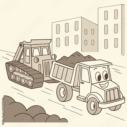 Cartoon construction scene with friendly bulldozer and dump truck busy working isolated on transparent background