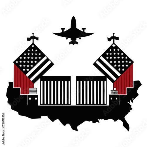 USA-China shipping containers (symbolic conflict illustration) vector black design silhouette illustration on white background