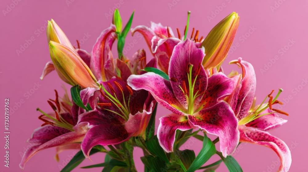 Naklejka premium A stunning arrangement of pink lilies with bright yellow buds sits against a soft pink backdrop. The flowers showcase vibrant colors adding flair to any space.