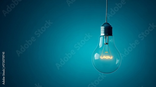 A single glowing incandescent bulb hangs against a solid blue backdrop,