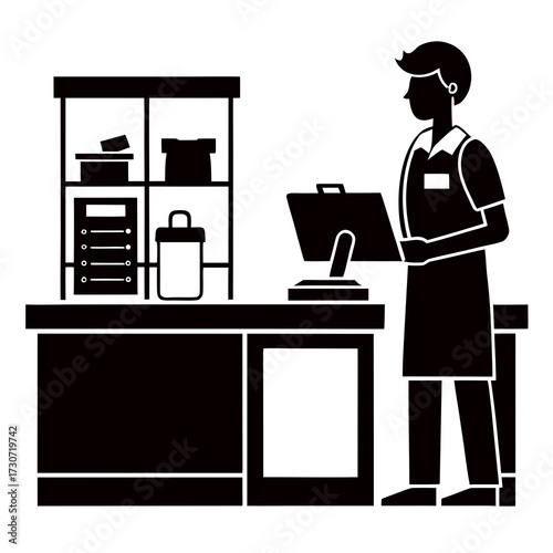 Supermarket cashier checkout vector black design silhouette illustration on white background