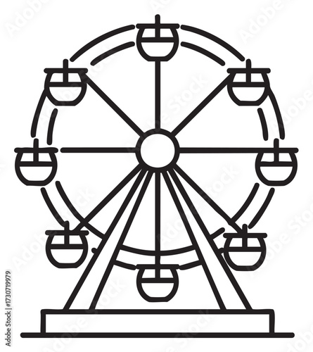 Outline of ferris wheel icon with multiple gondolas on base - stock vector