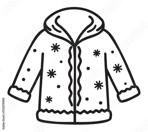 Winter jacket with hood and snowflake pattern in black and white line art - stock vector