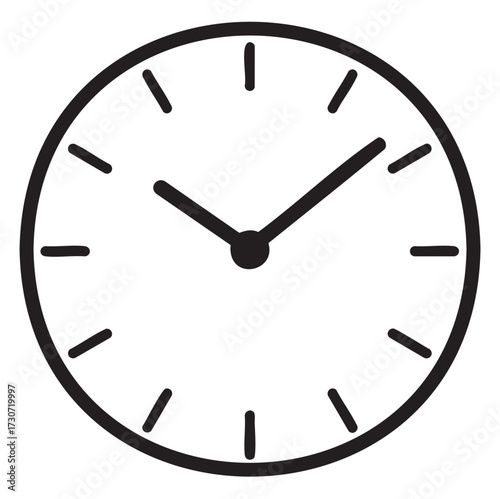 Minimalist black and white clock with simple hour and minute hands - stock vector