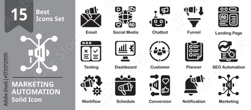 Marketing Automation Icon set. Including email campaigns, social media scheduling, CRM integration, chatbots and more. Solid vector icons collection.