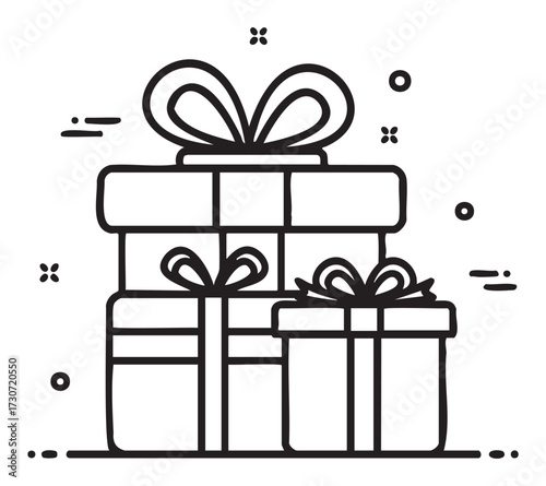 Stacked gift boxes with bows: festive decorations in monochrome outline style - stock vector