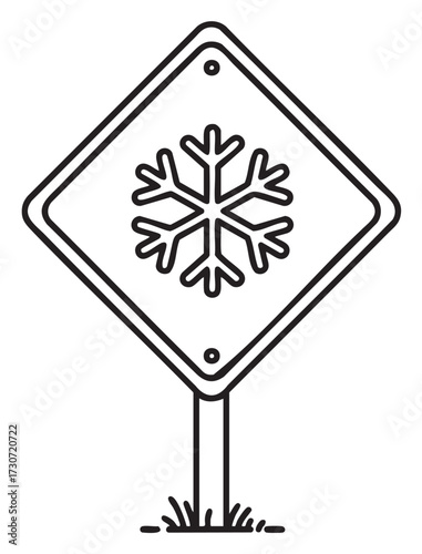 Snowflake warning sign: winter weather alert symbol with diamond shape - stock vector
