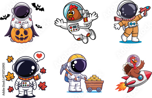 Whimsical Astronaut Character Bundle Design for Creative Projects and Merchandise Applications Featuring Fun Themed Illustrations