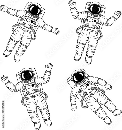 Four Astronauts Floating Weightlessly in Outer Space with Their Arms Extended in a Stylized Line Art Design Perfect for Space Exploration Themed Projects and Apparel