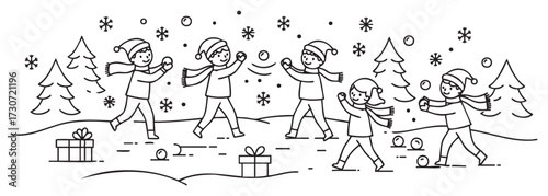 Children playing in snowy park with snowballs and winter clothes - stock vector