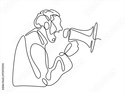 Continuous line man with megaphone. Male silhouette screams in loudspeaker. Businessman hires employee, protests or announces.Editable stroke.Hand drawn. Editable 