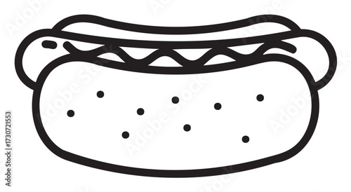 Simple black and white hot dog drawing with bun and toppings - stock vector