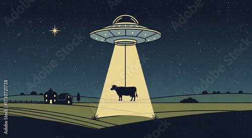 Minimalist vintage poster illustration of a UFO abducting a cow on a farm at night. Clean lines, flat colors, retro sci-fi aesthetic.