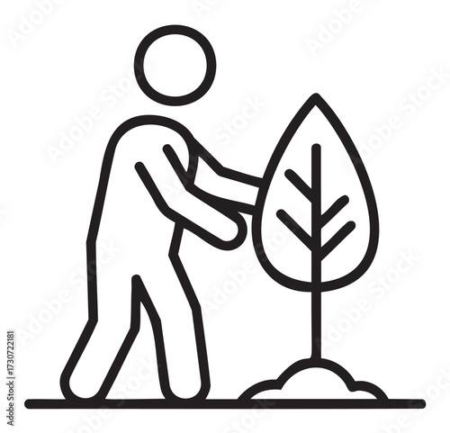 Person planting tree outline icon: environmental conservation symbol - stock vector