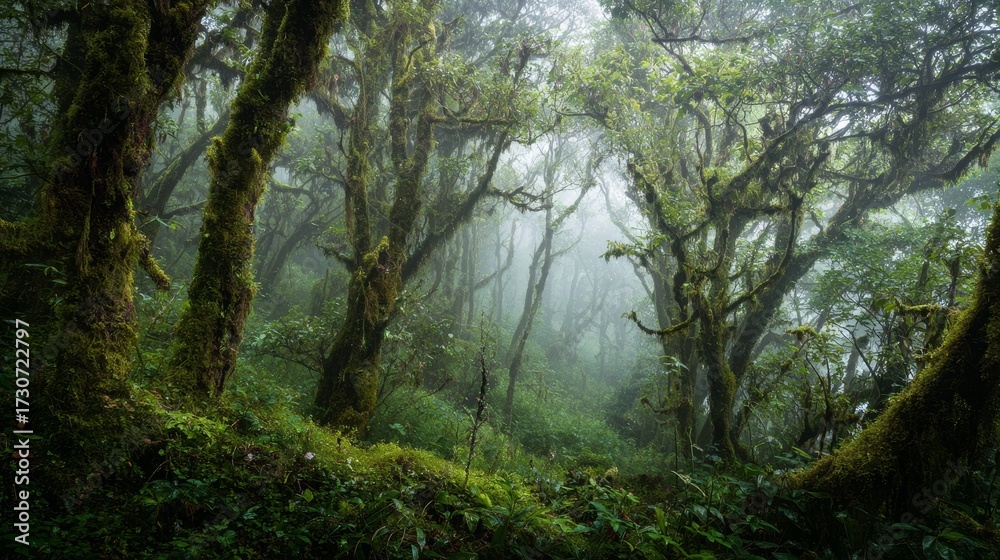 Fototapeta premium Cloud forest with moss-covered trees shrouded in mystical fog