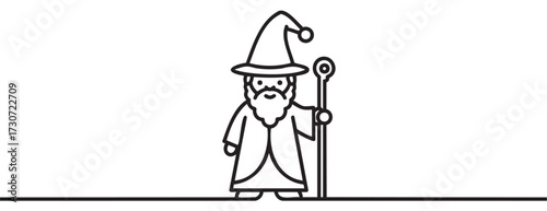 Cartoon wizard holding staff with pointed hat and beard - stock vector