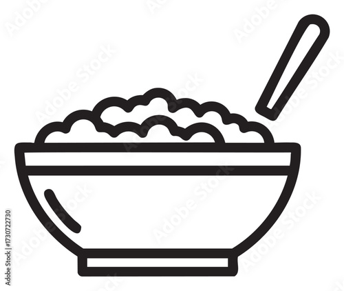 Line art of bowl with spoon filled with porridge - stock vector