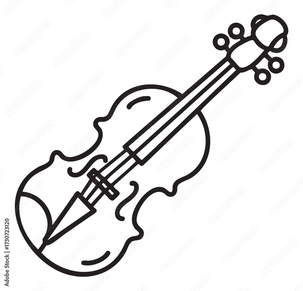 Obraz premium Outline of a violin with strings and scroll in black and white design - stock vector