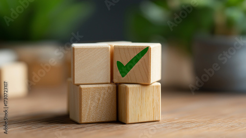 Wooden Cube with Checkmark – Goal Achievement Symbol