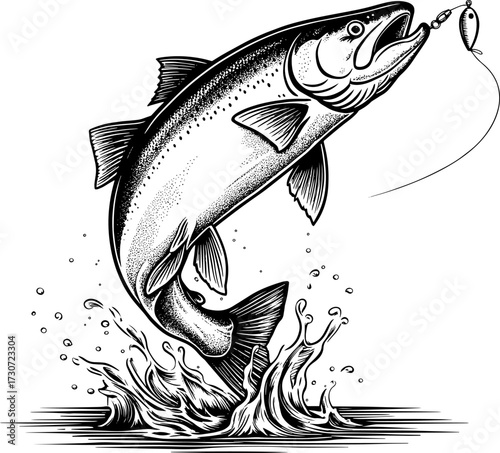 Dynamic salmon leaping out of water captures thrill of angling adventure