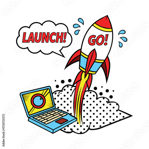 Laptop with a rocket taking off in pop art style