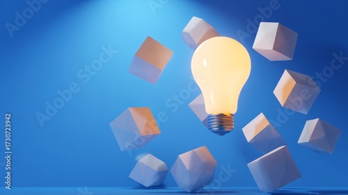 A glowing light bulb surrounded by abstract geometric shapes against a gradient blue background,