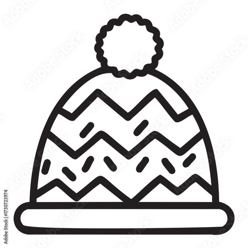 Line art winter knit hat with zigzag and bobble design - stock vector