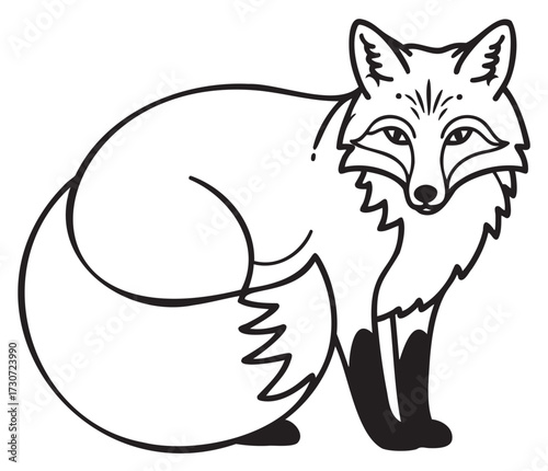 Black and white outline of fox with bushy tail in simple art style - stock vector