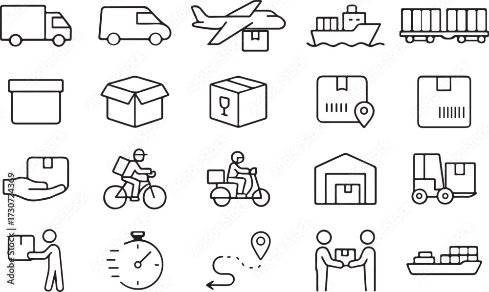 Fototapeta premium Delivery Line Icon Set Logistics, Shipping, Package, Truck, Airplane, Cargo, Courier, Warehouse and Fast Transportation