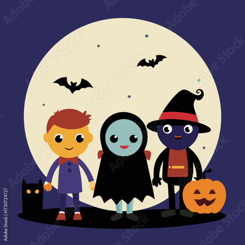 Cute kids in Halloween costumes including witch vampire and pirate vector illustration