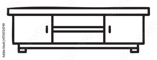 Minimalist black and white tv stand outline with cabinets and shelves design - stock vector