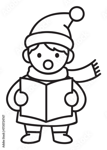 Cartoon child singing christmas carol with winter hat and scarf coloring page - stock vector