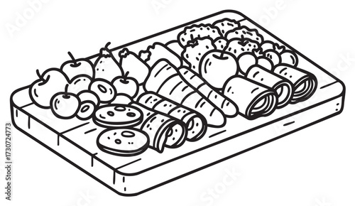 Hand-drawn platter with fruits, cheese, vegetables, and rolled meats on wooden board - stock vector
