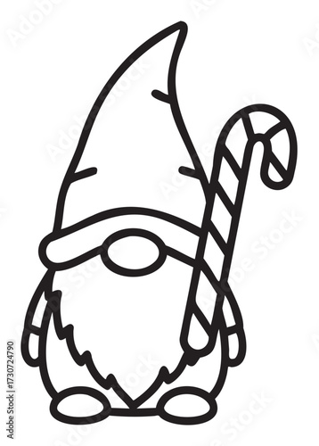 Festive gnome with candy cane line art - christmas coloring page - stock vector