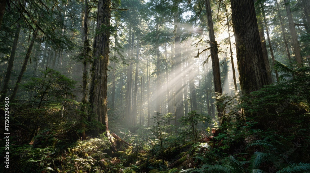 Fototapeta premium Misty temperate rainforest with towering ancient trees and sunlight beams