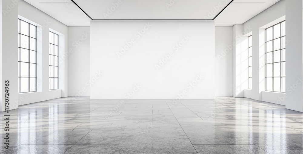 Fototapeta premium Spacious modern interior with large windows and empty white wall perfect for poster mockup or minimalist design concept presentation setup. Ai generative