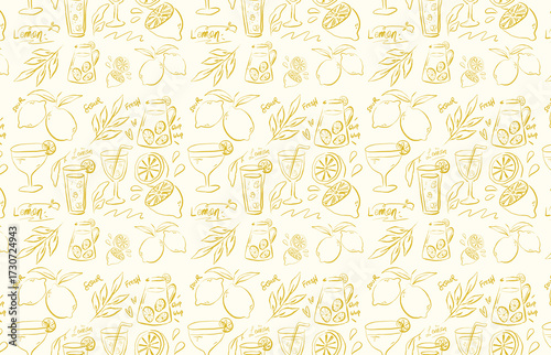 Hand drawn seamless pattern with citrus fruits, lemon slices, cocktails, and leaves.