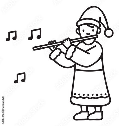 Cartoon illustration of child playing flute in winter outfit with musical notes - stock vector