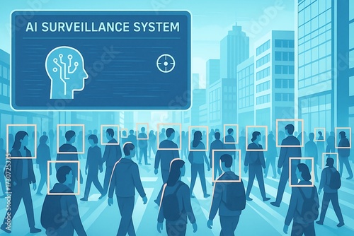 AI Surveillance System Monitoring Urban Crowd in Futuristic Smart City