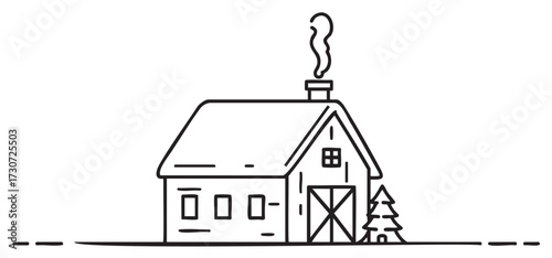 Minimalist black and white house with chimney and tree - stock vector