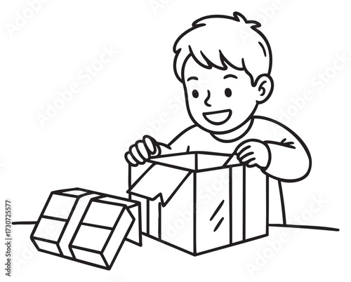 Joyful young boy excitedly opening gift box line art illustration - stock vector