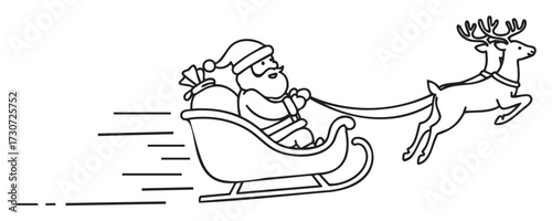 Santa claus on sleigh with reindeer line art drawing - stock vector