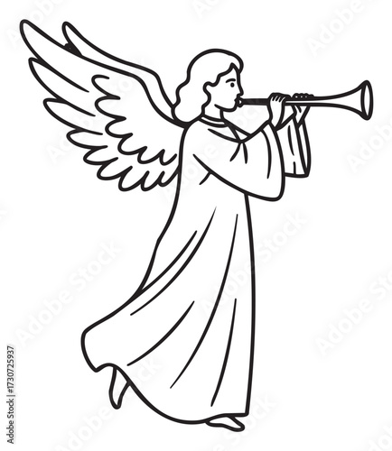Angel blowing trumpet line art with flowing robes and detailed wings - stock vector