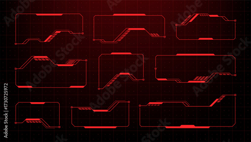 Red futuristic hud frame set on dark background. Digital interface display and data panel for game and application.