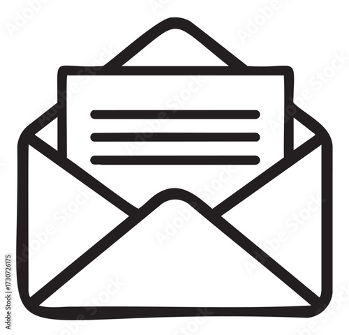 Simple black and white open envelope icon with inserted letter - stock vector