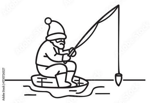 Elderly caucasian male ice fishing in winter outfit with rod and line on frozen lake - stock vector