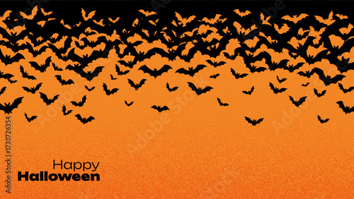 Black bat group flying on an orange sky background. Happy Halloween design for autumn holiday celebration. Spooky night flyer.