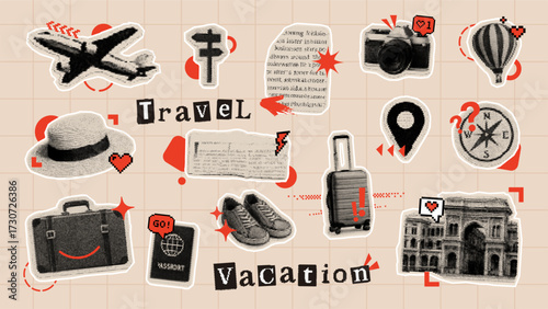 Travel and vacation themed grunge sticker collection. Journey planning concept with suitcase, airplane, camera, passport.